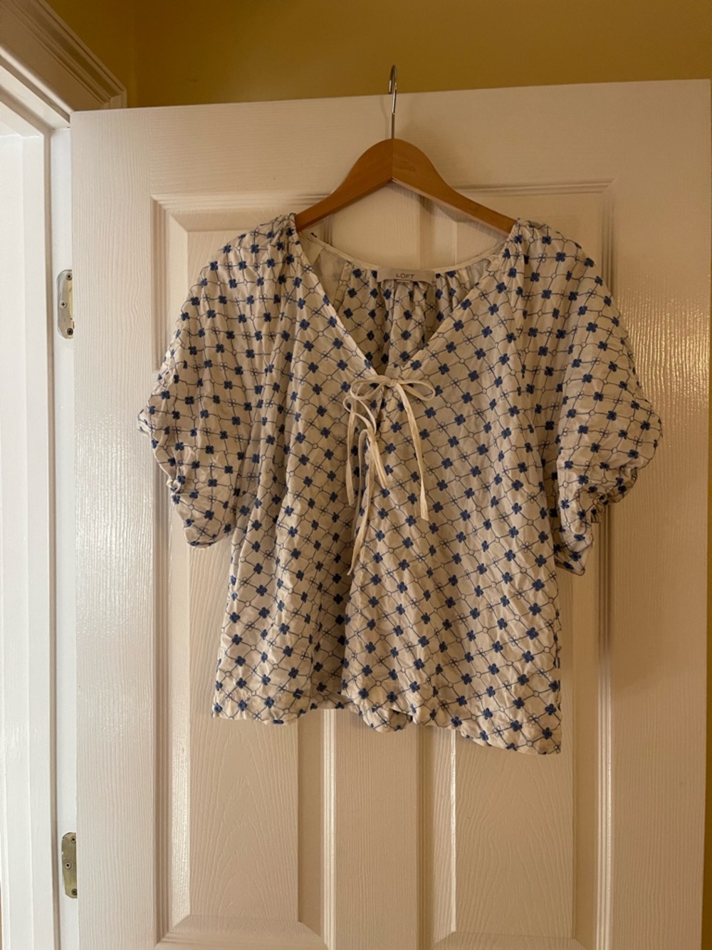 LOFT Cream Blouse with Blue Diamond Print and Tie Front